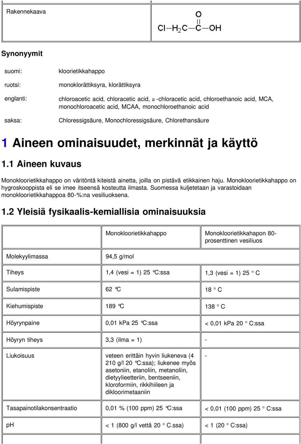 1 Aineen kuvaus Monokloorietikkahappo on väritöntä kiteistä ainetta, joilla on pistävä etikkainen haju. Monokloorietikkahappo on hygroskooppista eli se imee itseensä kosteutta ilmasta.
