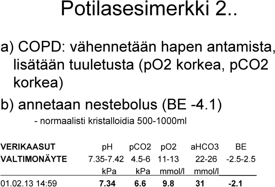 korkea) b) annetaan nestebolus (BE -4.