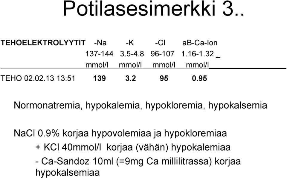 95 Normonatremia, hypokalemia, hypokloremia, hypokalsemia NaCl 0.