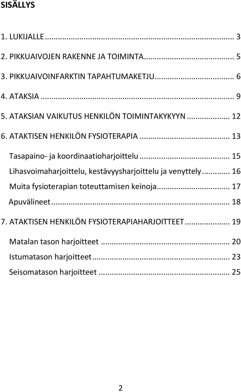 .. 15 Lihasvoimaharjoittelu, kestävyysharjoittelu ja venyttely... 16 Muita fysioterapian toteuttamisen keinoja... 17 Apuvälineet... 18 7.