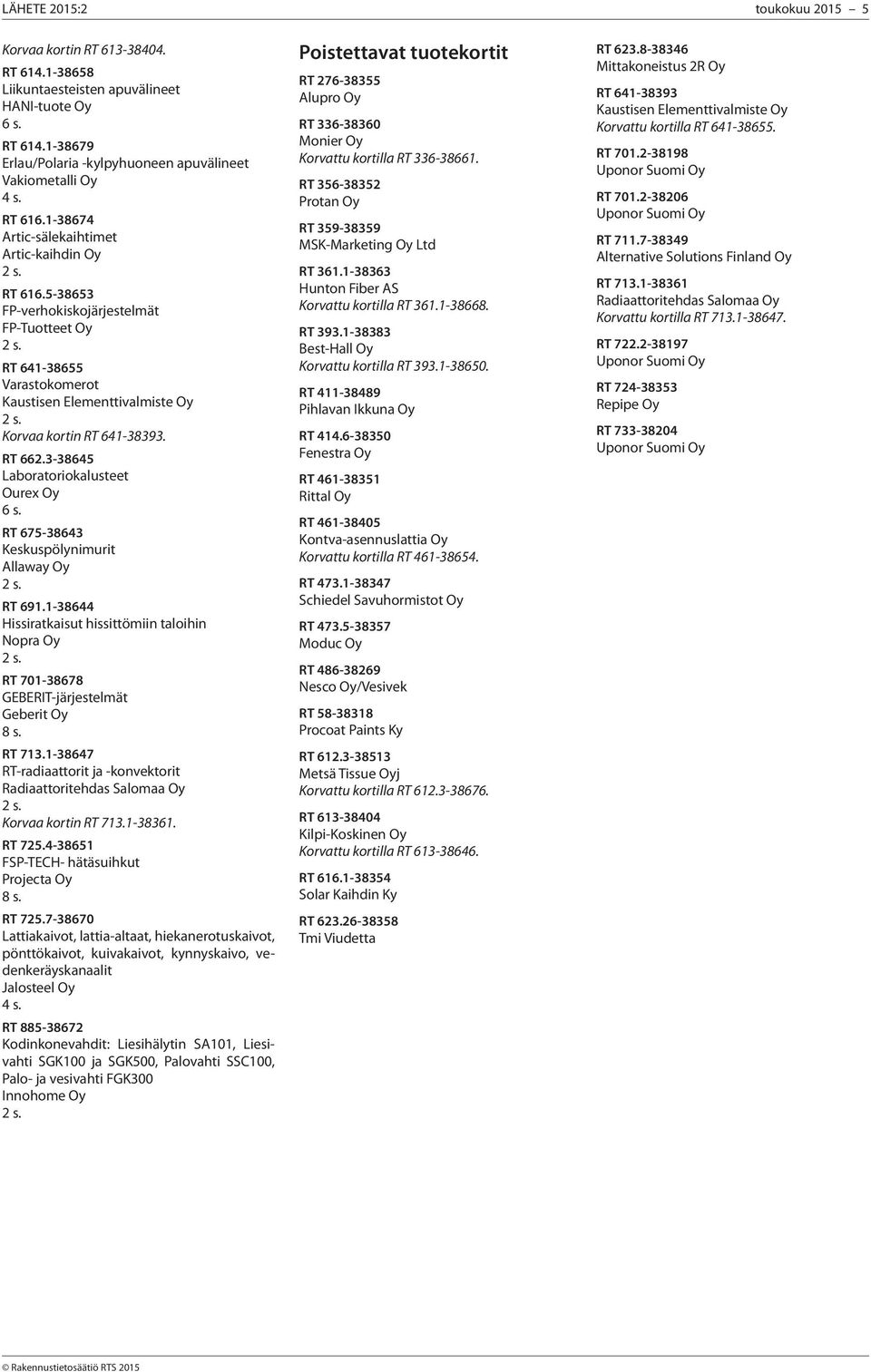 3-38645 Laboratoriokalusteet Ourex Oy RT 675-38643 Keskuspölynimurit Allaway Oy RT 691.1-38644 Hissiratkaisut hissittömiin taloihin Nopra Oy RT 701-38678 GEBERIT-järjestelmät Geberit Oy RT 713.