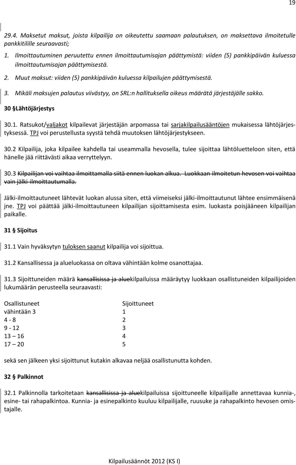 Muut maksut: viiden (5) pankkipäivän kuluessa kilpailujen päättymisestä. 3. Mikäli maksujen palautus viivästyy, on SRL:n hallituksella oikeus määrätä järjestäjälle sakko. 30 Lähtöjärjestys 30.1.