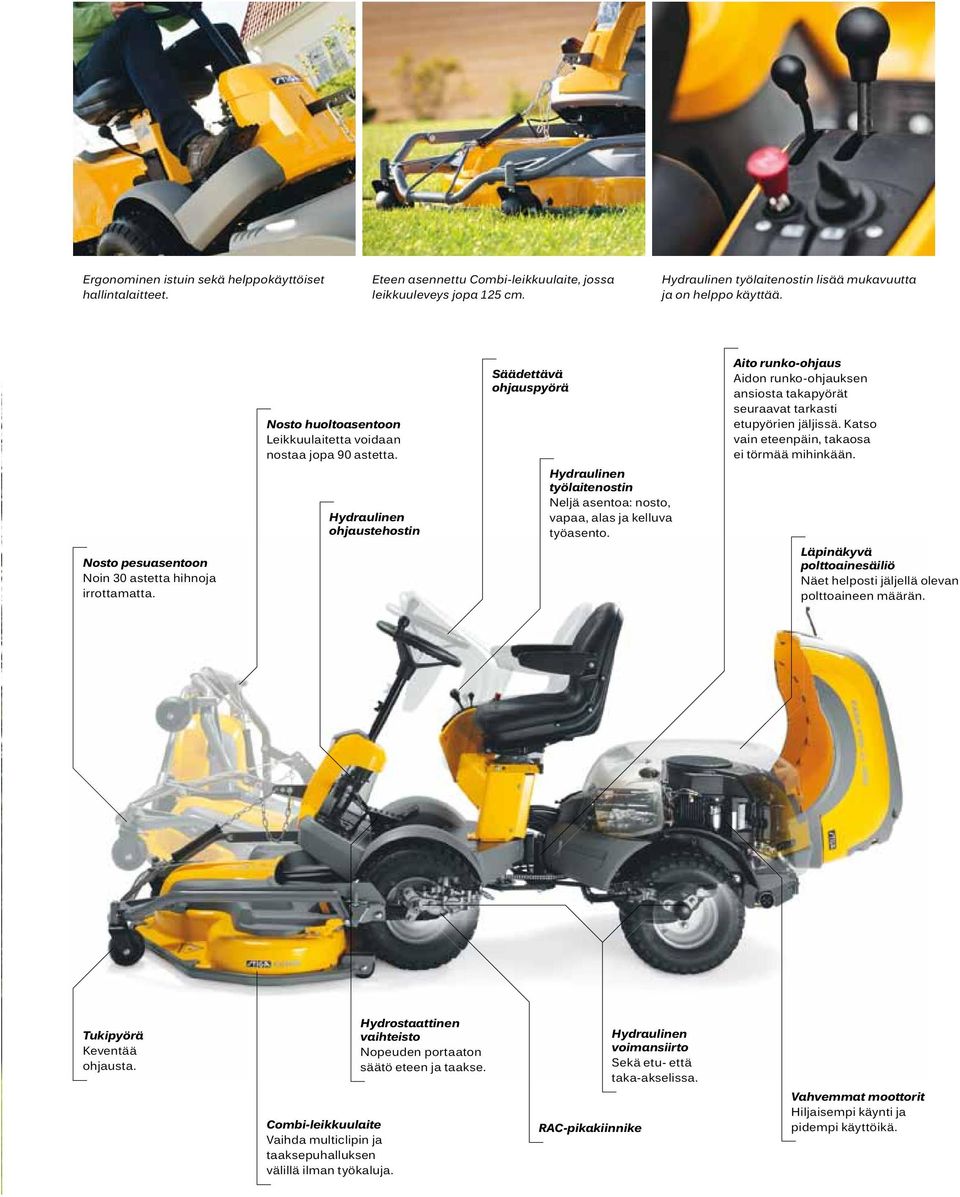 Hydraulinen ohjaustehostin Säädettävä ohjauspyörä Hydraulinen työlaitenostin Neljä asentoa: nosto, vapaa, alas ja kelluva työasento.