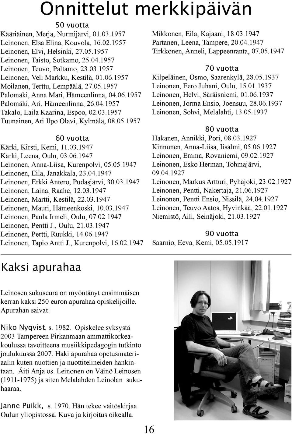 04.1957 Takalo, Laila Kaarina, Espoo, 02.03.1957 Tuunainen, Ari Ilpo Olavi, Kylmälä, 08.05.1957 60 vuotta Kärki, Kirsti, Kemi, 11.03.1947 Kärki, Leena, Oulu, 03.06.