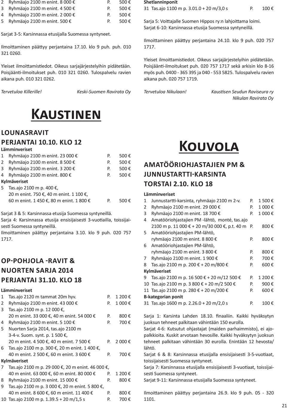 Kaustinen Keski-Suomen Ravirata Oy LOUNASRAVIT PERJANTAI 10.10. KLO 12 1 Ryhmäajo 2100 m enint. 23 000 P. 500 2 Ryhmäajo 2100 m enint. 8 500 P. 500 3 Ryhmäajo 2100 m enint. 3 200 P.