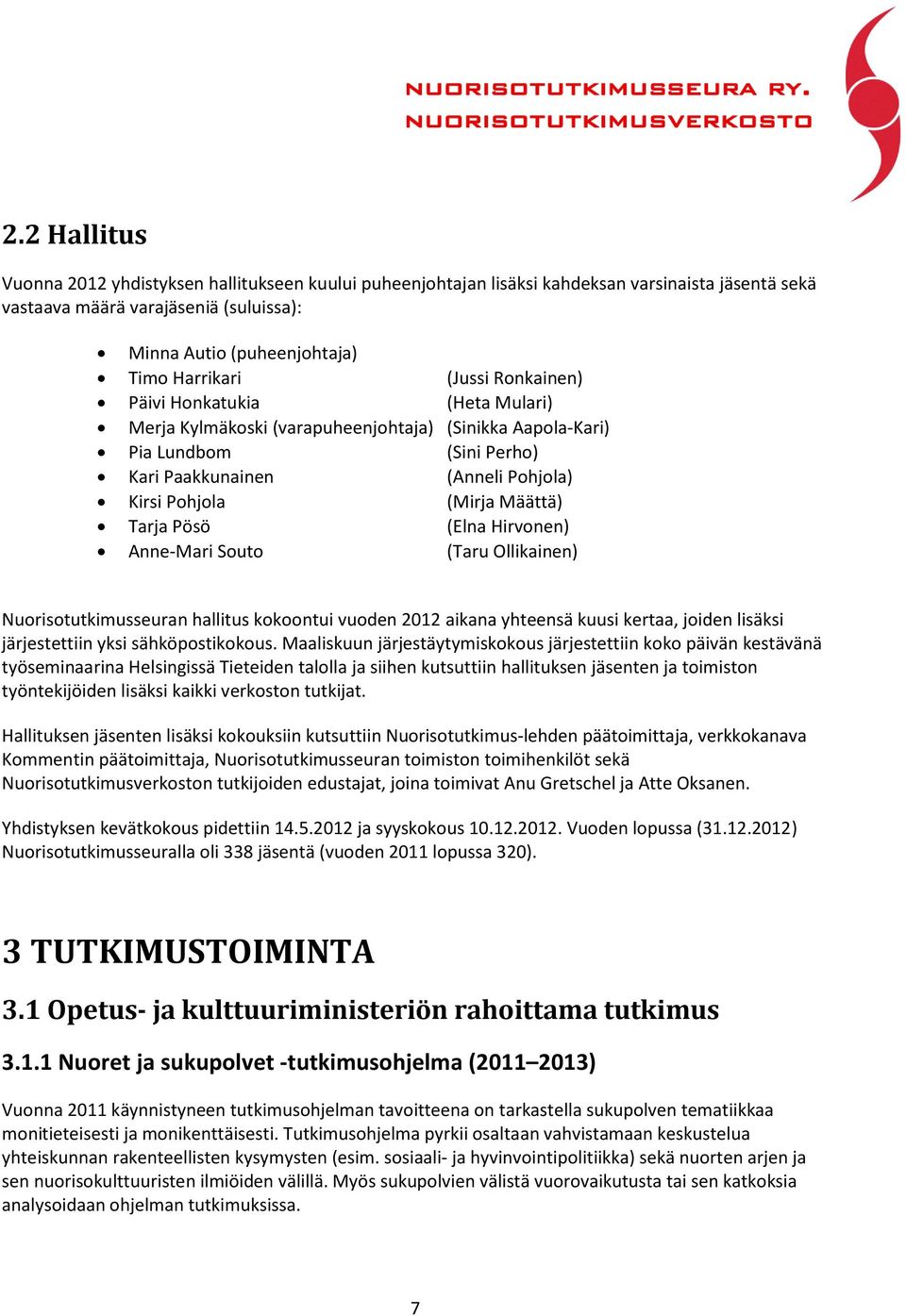 Tarja Pösö (Elna Hirvonen) Anne-Mari Souto (Taru Ollikainen) Nuorisotutkimusseuran hallitus kokoontui vuoden 2012 aikana yhteensä kuusi kertaa, joiden lisäksi järjestettiin yksi sähköpostikokous.