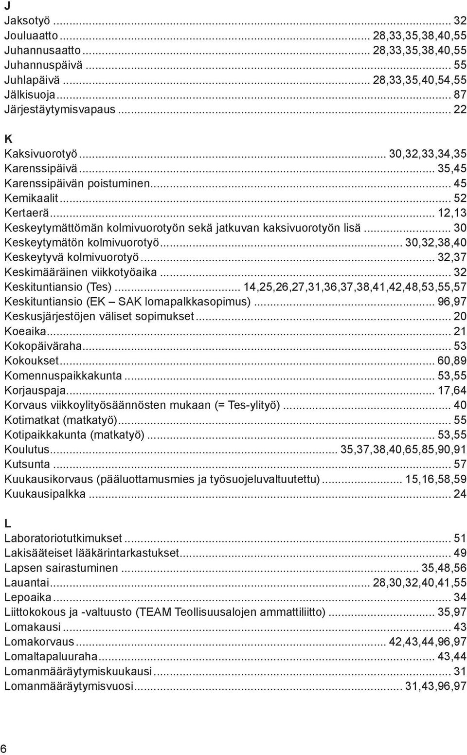 .. 30 Keskeytymätön kolmivuorotyö... 30,32,38,40 Keskeytyvä kolmivuorotyö... 32,37 Keskimääräinen viikkotyöaika... 32 Keskituntiansio (Tes).