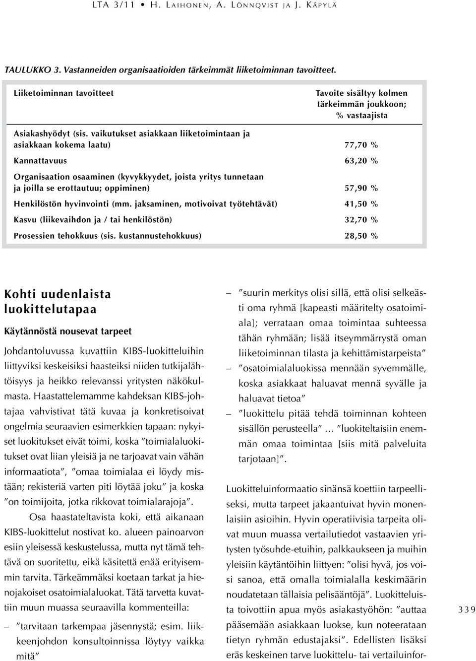 vaikutukset asiakkaan liiketoimintaan ja asiakkaan kokema laatu) 77,70 % Kannattavuus 63,20 % Organisaation osaaminen (kyvykkyydet, joista yritys tunnetaan ja joilla se erottautuu; oppiminen) 57,90 %