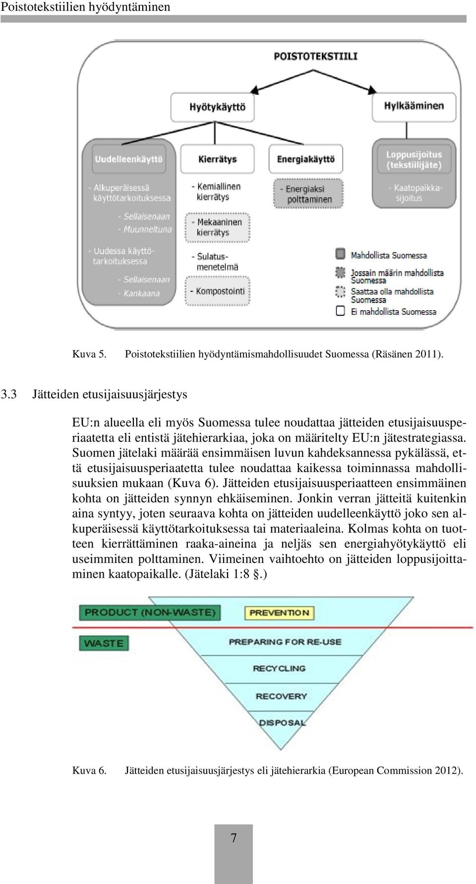 Suomen jätelaki määrää ensimmäisen luvun kahdeksannessa pykälässä, että etusijaisuusperiaatetta tulee noudattaa kaikessa toiminnassa mahdollisuuksien mukaan (Kuva 6).