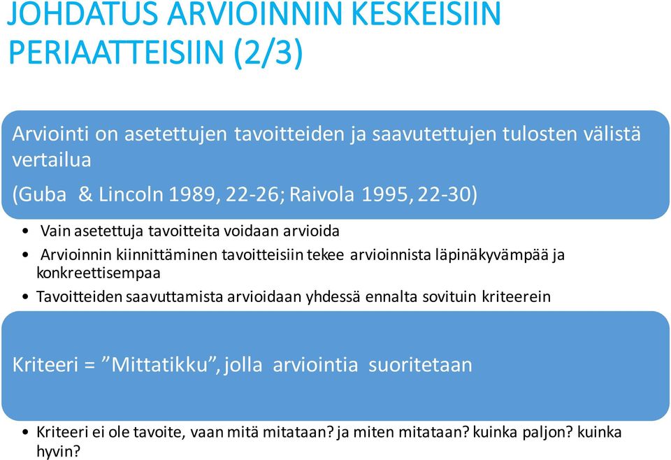 tekee arvioinnista läpinäkyvämpää ja konkreettisempaa Tavoitteiden saavuttamista arvioidaan yhdessä ennalta sovituin kriteerein