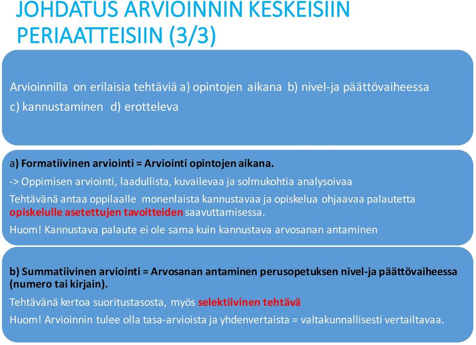 - > Oppimisen arviointi, laadullista, kuvailevaa ja solmukohtia analysoivaa Tehtävänä antaa oppilaalle monenlaista kannustavaa ja opiskelua ohjaavaa palautetta opiskelulle asetettujen