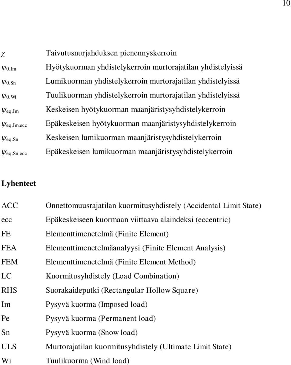 ecc Taivutusnurjahduksen pienennyskerroin Hyötykuorman yhdistelykerroin murtorajatilan yhdistelyissä Lumikuorman yhdistelykerroin murtorajatilan yhdistelyissä Tuulikuorman yhdistelykerroin