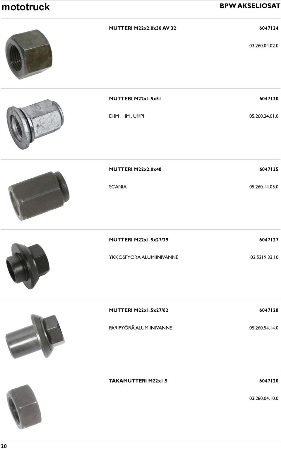 05.0 MUTTERI M22x1.5x27/39 6047127 YKKÖSPYÖRÄ ALUMIINIVANNE 02.5219.33.10 MUTTERI M22x1.