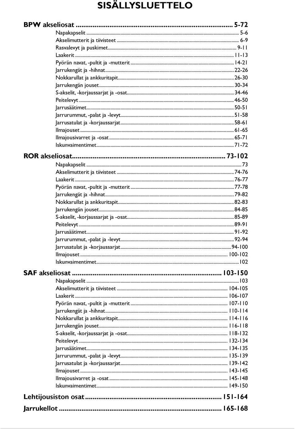 ..50-51 Jarrurummut, -palat ja -levyt...51-58 Jarrusatulat ja -korjaussarjat...58-61 Ilmajouset...61-65 Ilmajousivarret ja -osat...65-71 Iskunvaimentimet...71-72 ROR akseliosat... 73-102 Napakapselit.