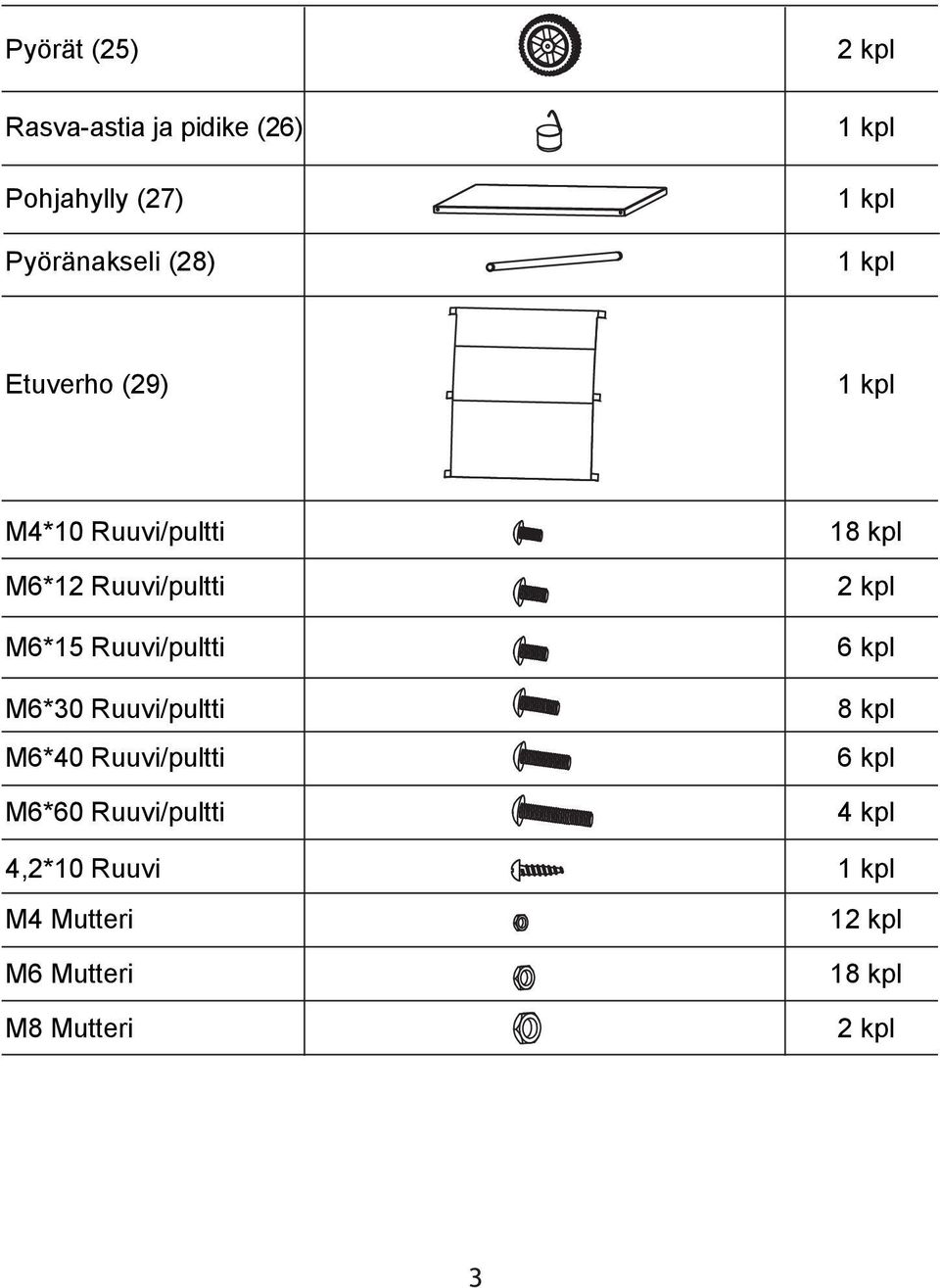 Ruuvi/pultti 6 kpl M6*30 Ruuvi/pultti 8 kpl M6*40 Ruuvi/pultti 6 kpl M6*60