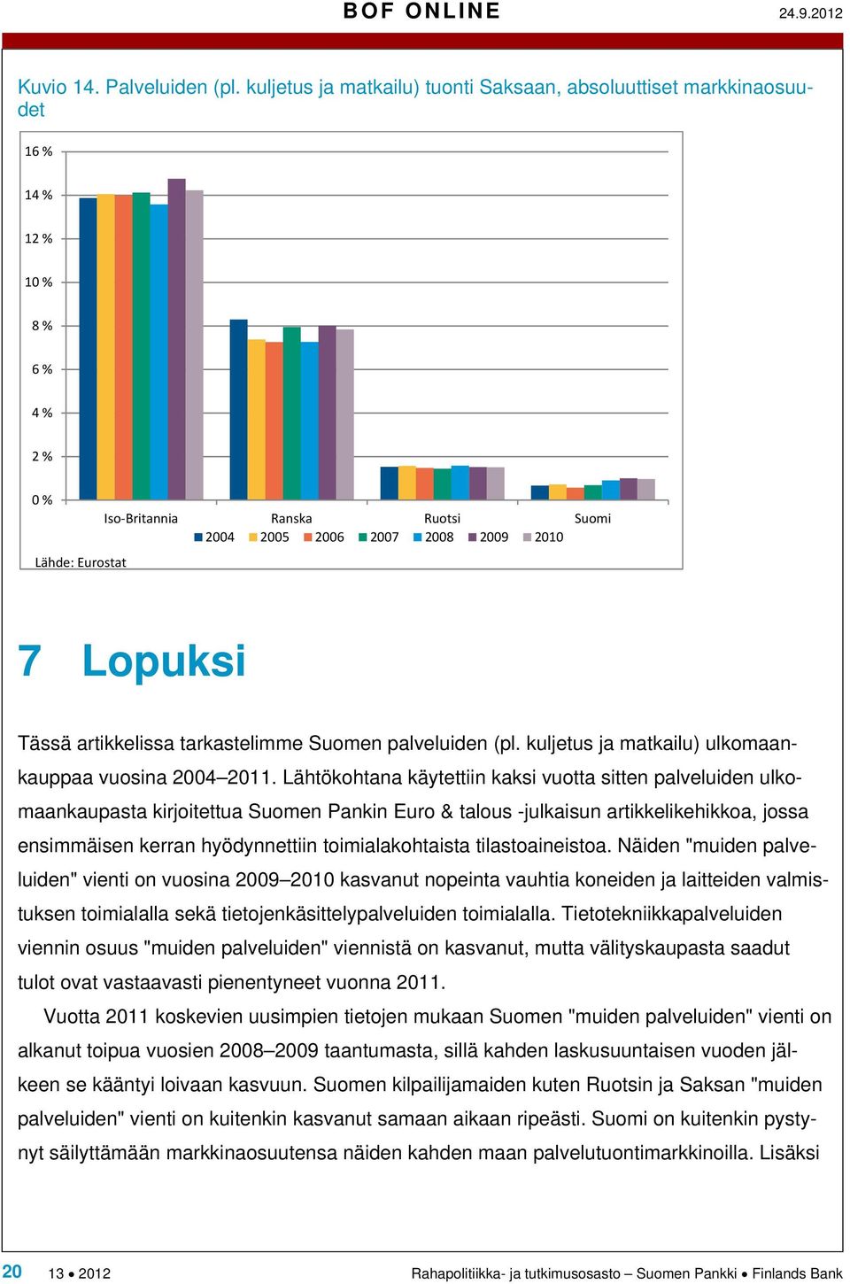 Lopuksi Tässä artikkelissa tarkastelimme Suomen palveluiden (pl. kuljetus ja matkailu) ulkomaankauppaa vuosina 2004 2011.