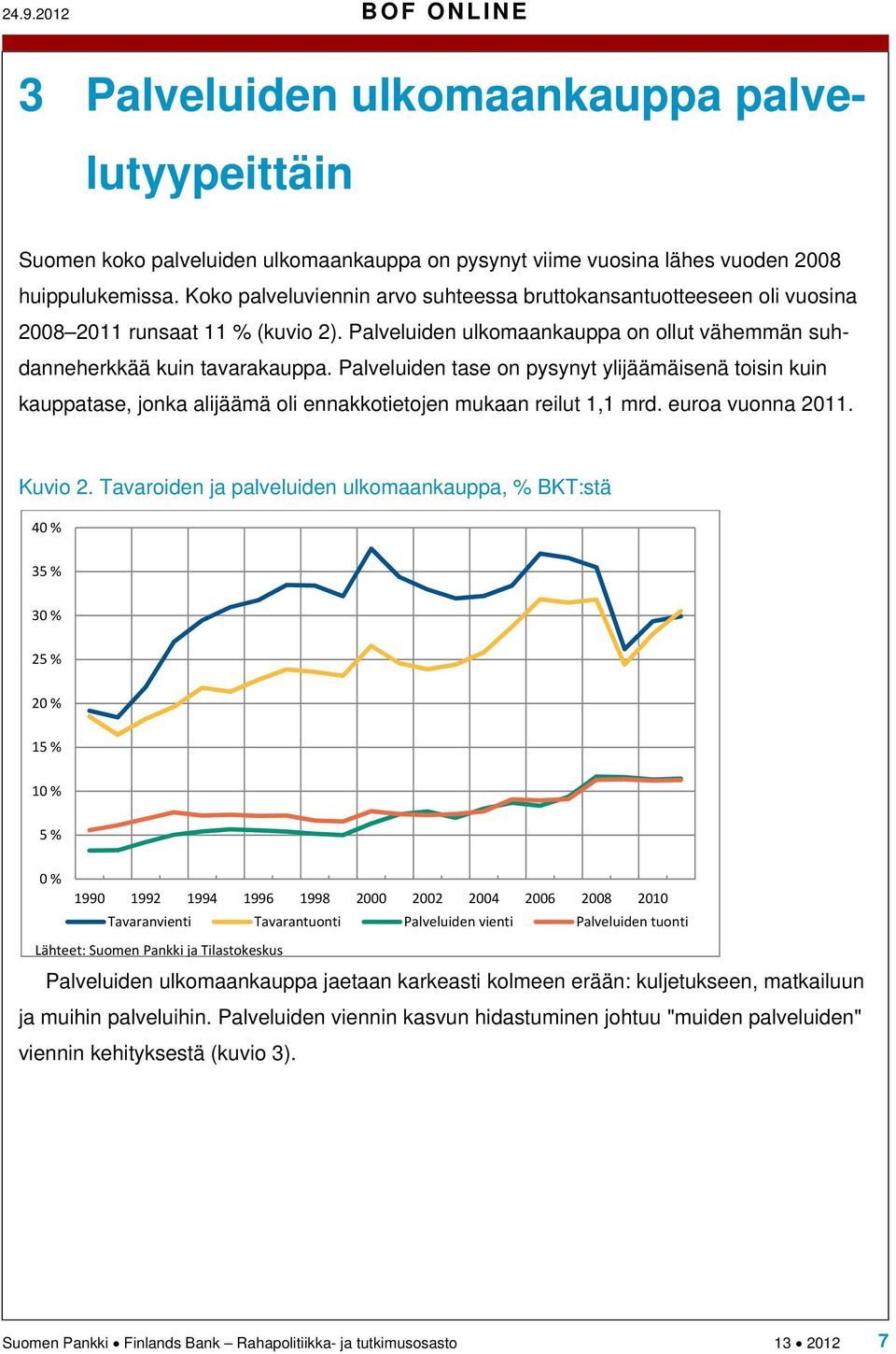 Palveluiden tase on pysynyt ylijäämäisenä toisin kuin kauppatase, jonka alijäämä oli ennakkotietojen mukaan reilut 1,1 mrd. euroa vuonna 2011. Kuvio 2.