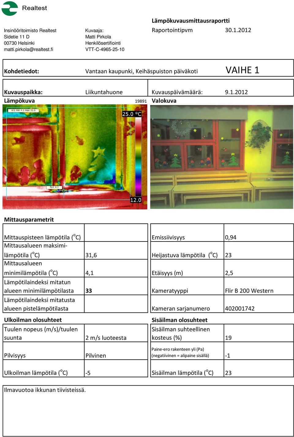 minimilämpötila ( o C) 4,1 Etäisyys (m) 2,5 alueen minimilämpötilasta 33 Kameratyyppi Flir B 200 Western 2 m/s luoteesta