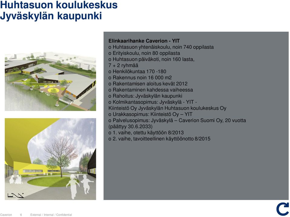 Rahoitus: Jyväskylän kaupunki o Kolmikantasopimus: Jyväskylä - YIT - Kiinteistö Oy Jyväskylän Huhtasuon koulukeskus Oy o Urakkasopimus: Kiinteistö Oy YIT o