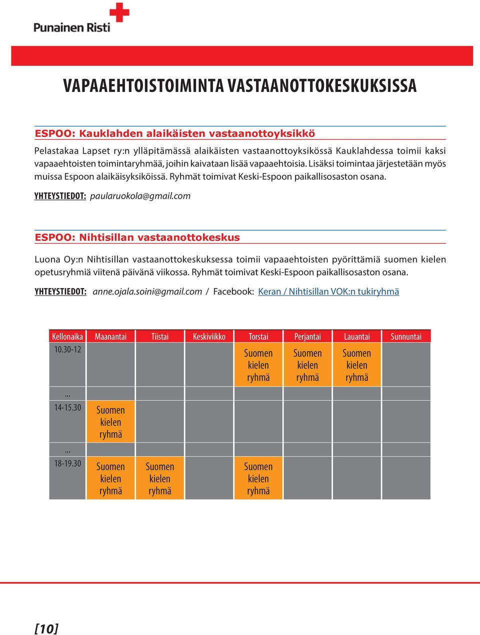 Ryhmät toimivat Keski-Espoon paularuokola@ ESPOO: Nihtisillan vastaanottokeskus Luona Oy:n Nihtisillan vastaanottokeskuksessa toimii vapaaehtoisten pyörittämiä suomen kielen opetusryhmiä viitenä