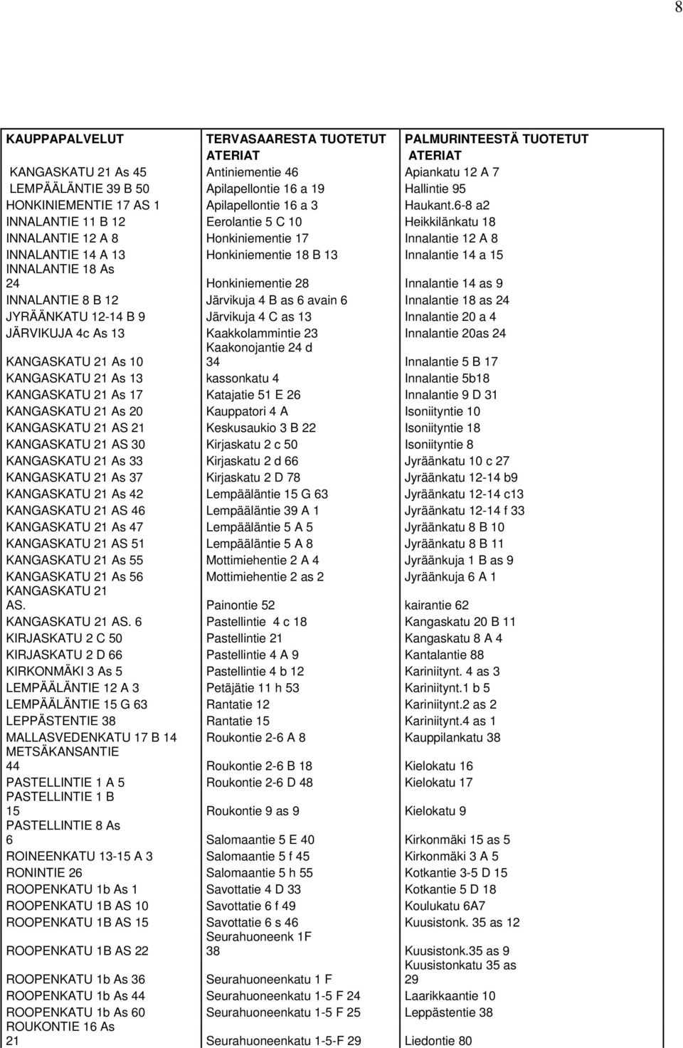 6-8 a2 INNALANTIE 11 B 12 Eerolantie 5 C 10 Heikkilänkatu 18 INNALANTIE 12 A 8 Honkiniementie 17 Innalantie 12 A 8 INNALANTIE 14 A 13 Honkiniementie 18 B 13 Innalantie 14 a 15 INNALANTIE 18 As 24
