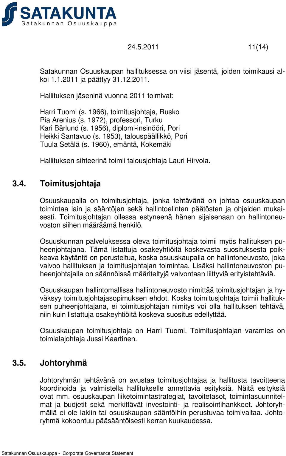 1960), emäntä, Kokemäki Hallituksen sihteerinä toimii talousjohtaja Lauri Hirvola. 3.4.