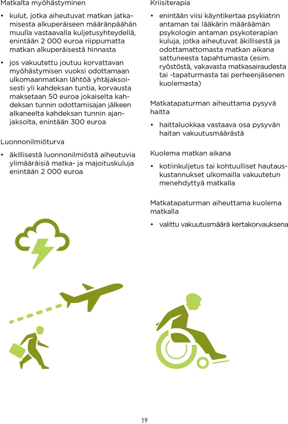 jälkeen alkaneelta kahdeksan tunnin ajanjaksolta, enintään 300 euroa Luonnonilmiöturva äkillisestä luonnonilmiöstä aiheutuvia ylimääräisiä matka- ja majoituskuluja enintään 2 000 euroa Kriisiterapia