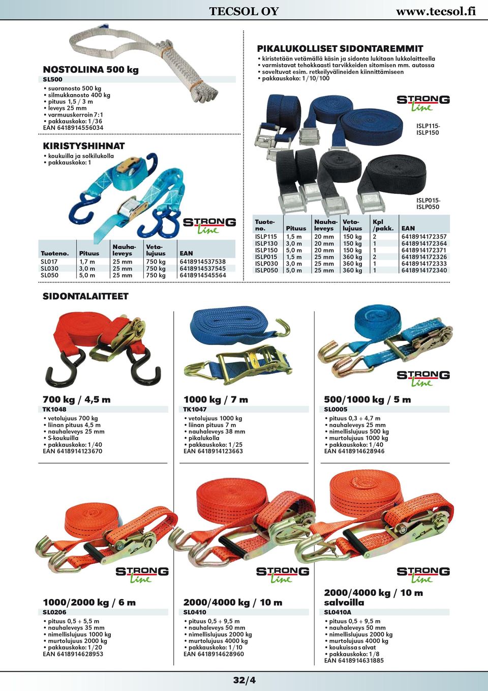 retkeilyvälineiden kiinnittämiseen /10/100 Pituus Nauhaleveys Vetolujuus SL017 1,7 m 25 mm 750 kg 6418914537538 SL030 3,0 m 25 mm 750 kg 6418914537545 SL050 5,0 m 25 mm 750 kg 6418914545564 ISLP115-