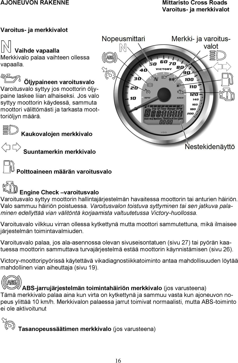Kaukovalojen merkkivalo Suuntamerkin merkkivalo Polttoaineen määrän varoitusvalo Engine Check varoitusvalo Varoitusvalo syttyy moottorin hallintajärjestelmän havaitessa moottorin tai anturien häiriön.