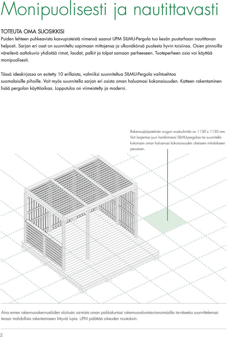Tuoteperheen osia voi käyttää monipuolisesti. Tässä ideakirjassa on esitetty 10 erillaista, valmiiksi suunniteltua SILMU-Pergola vaihtoehtoa suomalaisille pihoille.