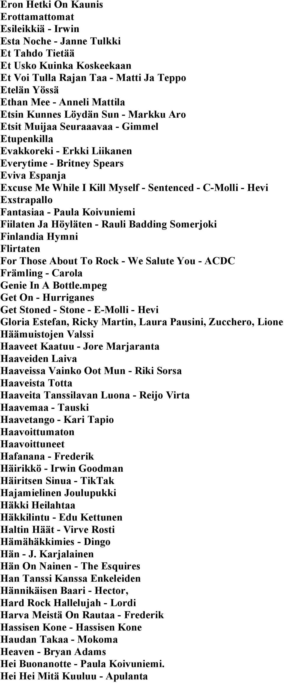 Sentenced - C-Molli - Hevi Exstrapallo Fantasiaa - Paula Koivuniemi Fiilaten Ja Höyläten - Rauli Badding Somerjoki Finlandia Hymni Flirtaten For Those About To Rock - We Salute You - ACDC Främling -