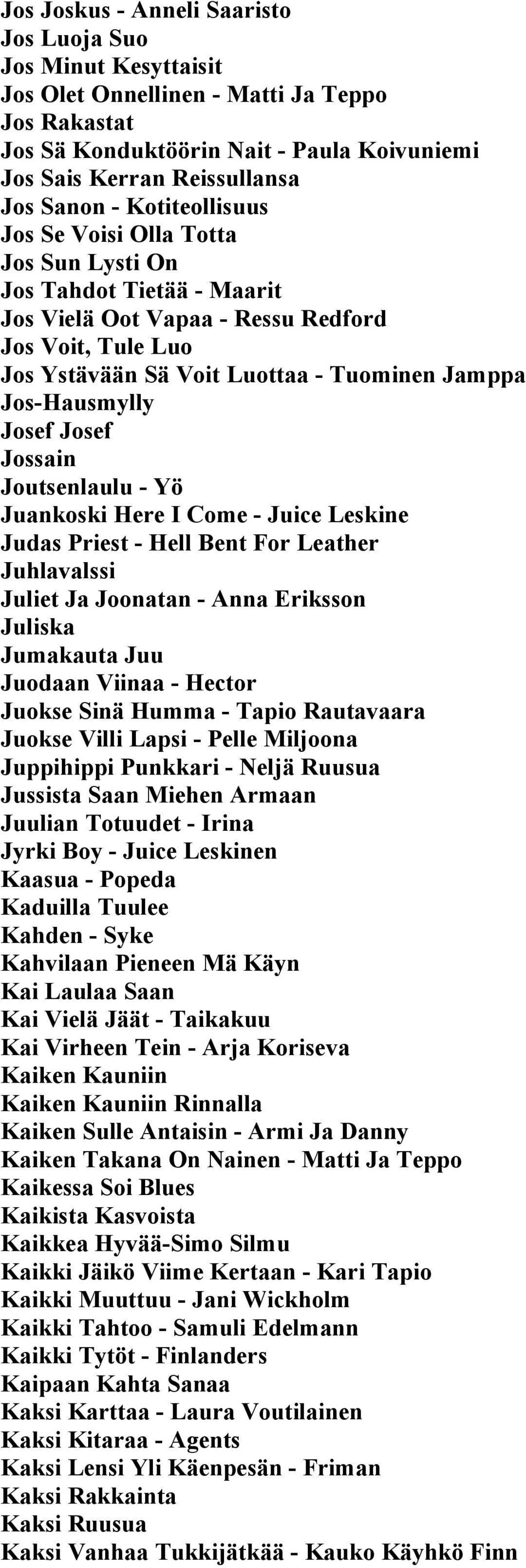 Josef Josef Jossain Joutsenlaulu - Yö Juankoski Here I Come - Juice Leskine Judas Priest - Hell Bent For Leather Juhlavalssi Juliet Ja Joonatan - Anna Eriksson Juliska Jumakauta Juu Juodaan Viinaa -