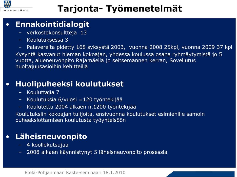 Huoli puheeksi koulutukset(kysely koulutuksesta ja työtavasta henkilöstölle kevät/2008) Lähes kaikki koulutukseen osallistuneet suosittelivat sitä myös muille lasten, nuorten tai perheiden parissa