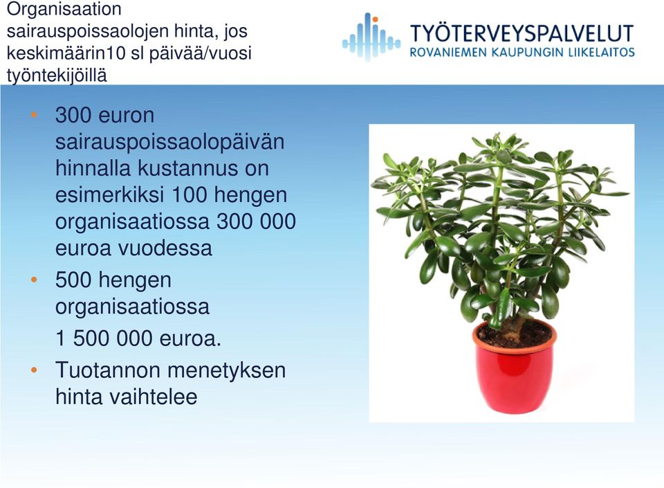 kustannus on esimerkiksi 100 hengen organisaatiossa 300 000 euroa