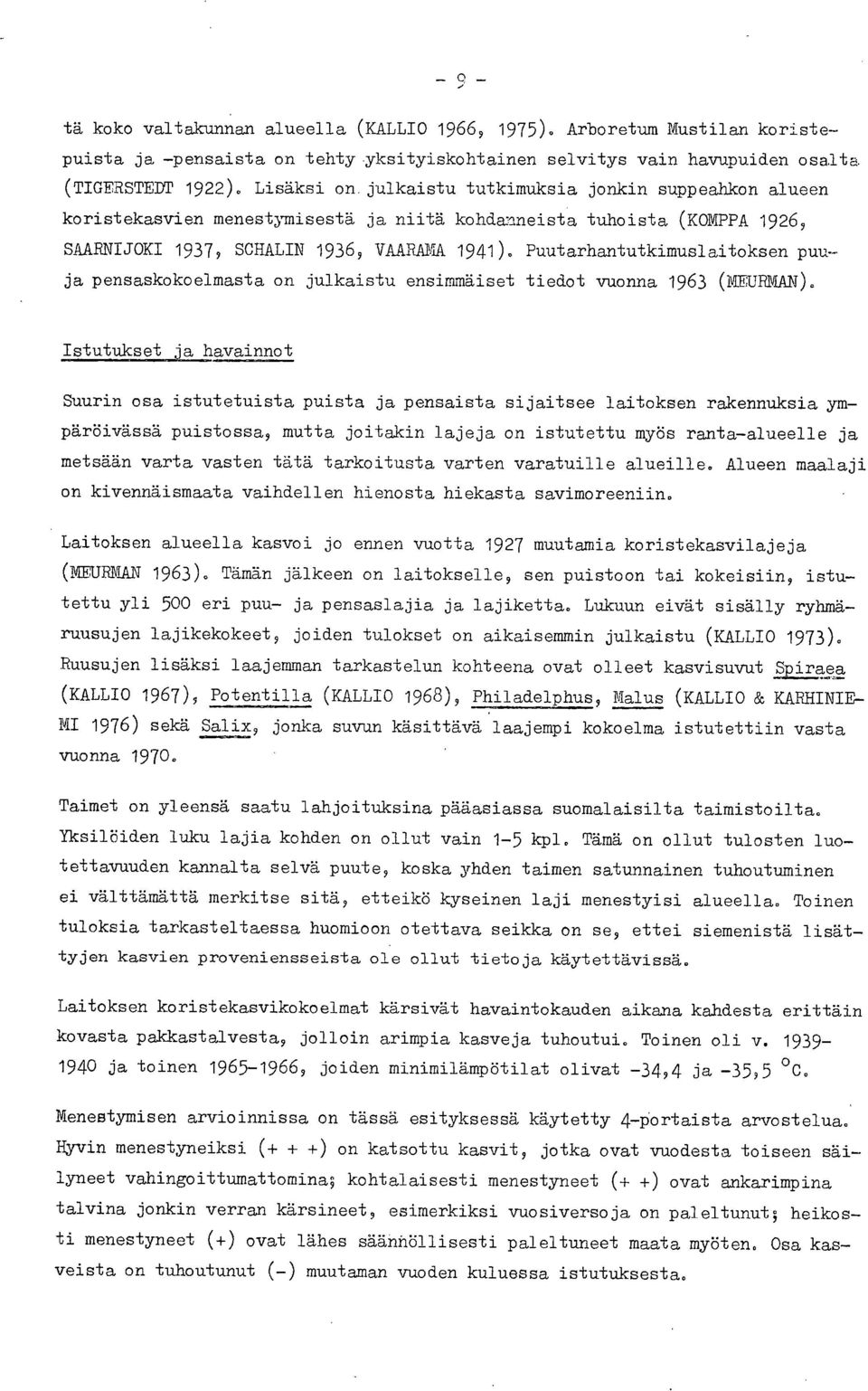 Puutarhantutkimuslaitoksen puu ja pensaskokoelmasta on julkaistu ensimmäiset tiedot vuonna 1963 (MEURMAN).