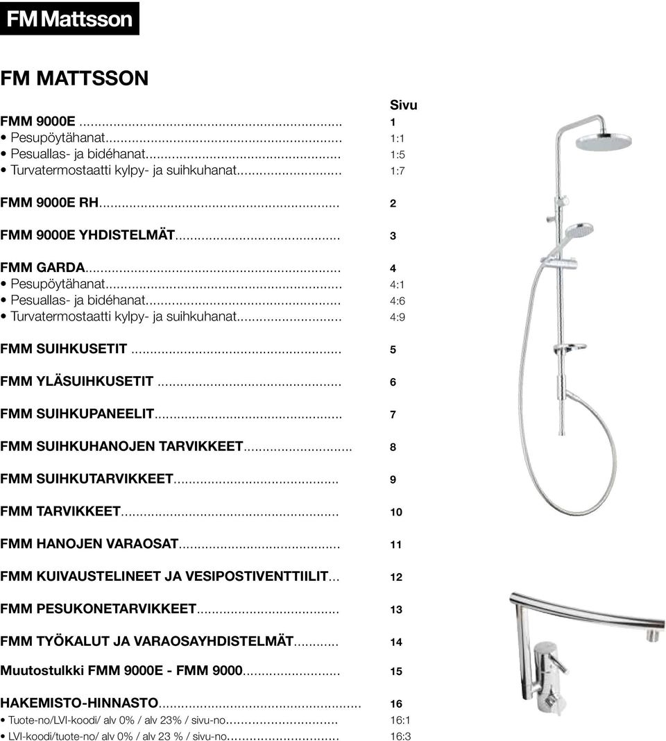 .. 7 FMM SUIHKUHANOJEN TARVIKKEET... 8 FMM SUIHKUTARVIKKEET... 9 FMM TARVIKKEET... 10 FMM HANOJEN VARAOSAT... 11 FMM KUIVAUSTELINEET JA VESIPOSTIVENTTIILIT... 12 FMM PESUKONETARVIKKEET.