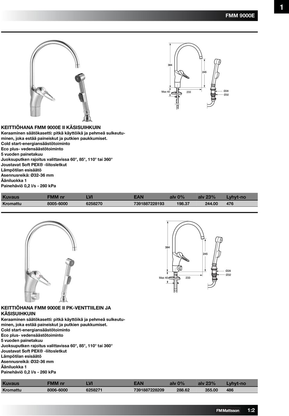 Asennusreikä: Ø32-36 mm Painehäviö 0,2 l/s - 260 kpa Kromattu 8005-6000 6258270 7391887228193 198.37 244.