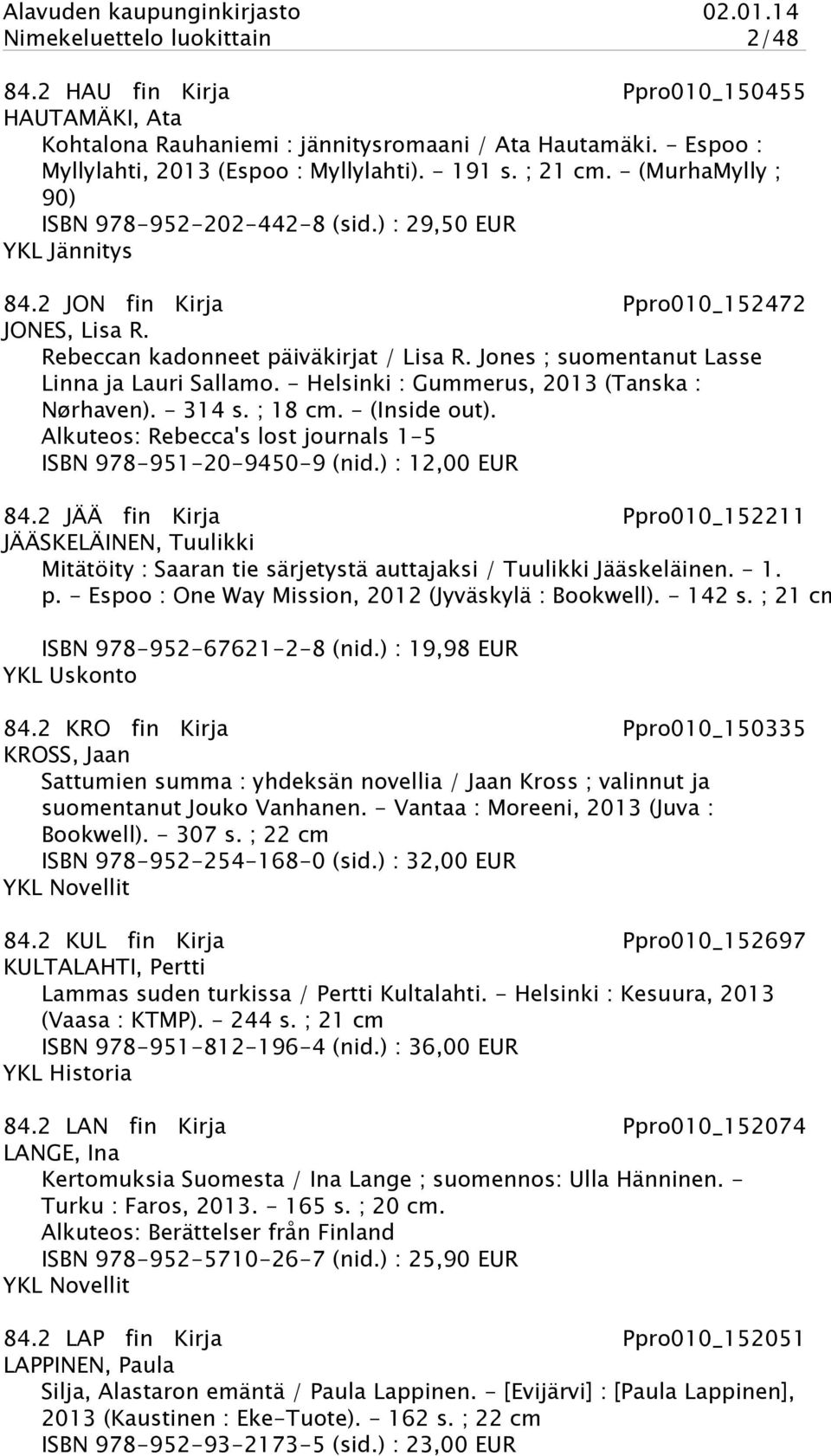 Jones ; suomentanut Lasse Linna ja Lauri Sallamo. - Helsinki : Gummerus, 2013 (Tanska : Nørhaven). - 314 s. ; 18 cm. - (Inside out). Alkuteos: Rebecca's lost journals 1-5 ISBN 978-951-20-9450-9 (nid.