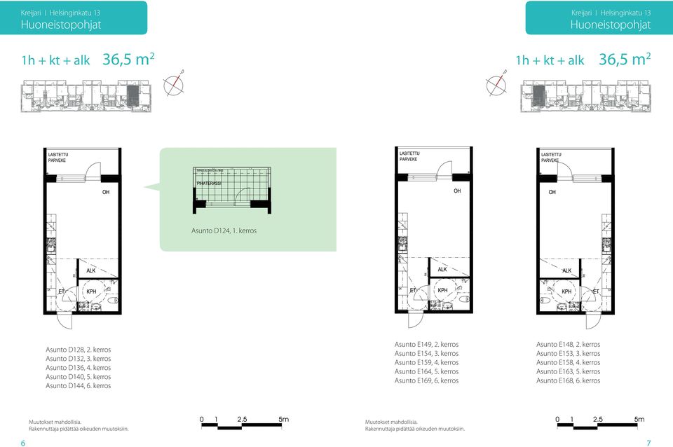 kerros Asunto E149, 2. kerros Asunto E154, 3. kerros Asunto E159, 4. kerros Asunto E164, 5.