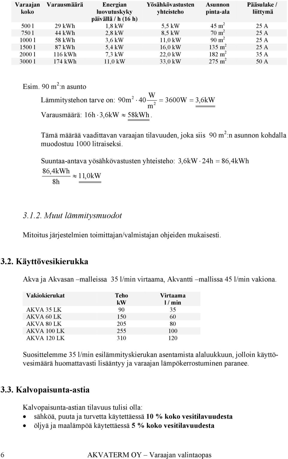 90 m 2 :n asunto 2 W Lämmitystehon tarve on: 90m 40 2 m Varausmäärä: 16h 3,6kW 58kWh.