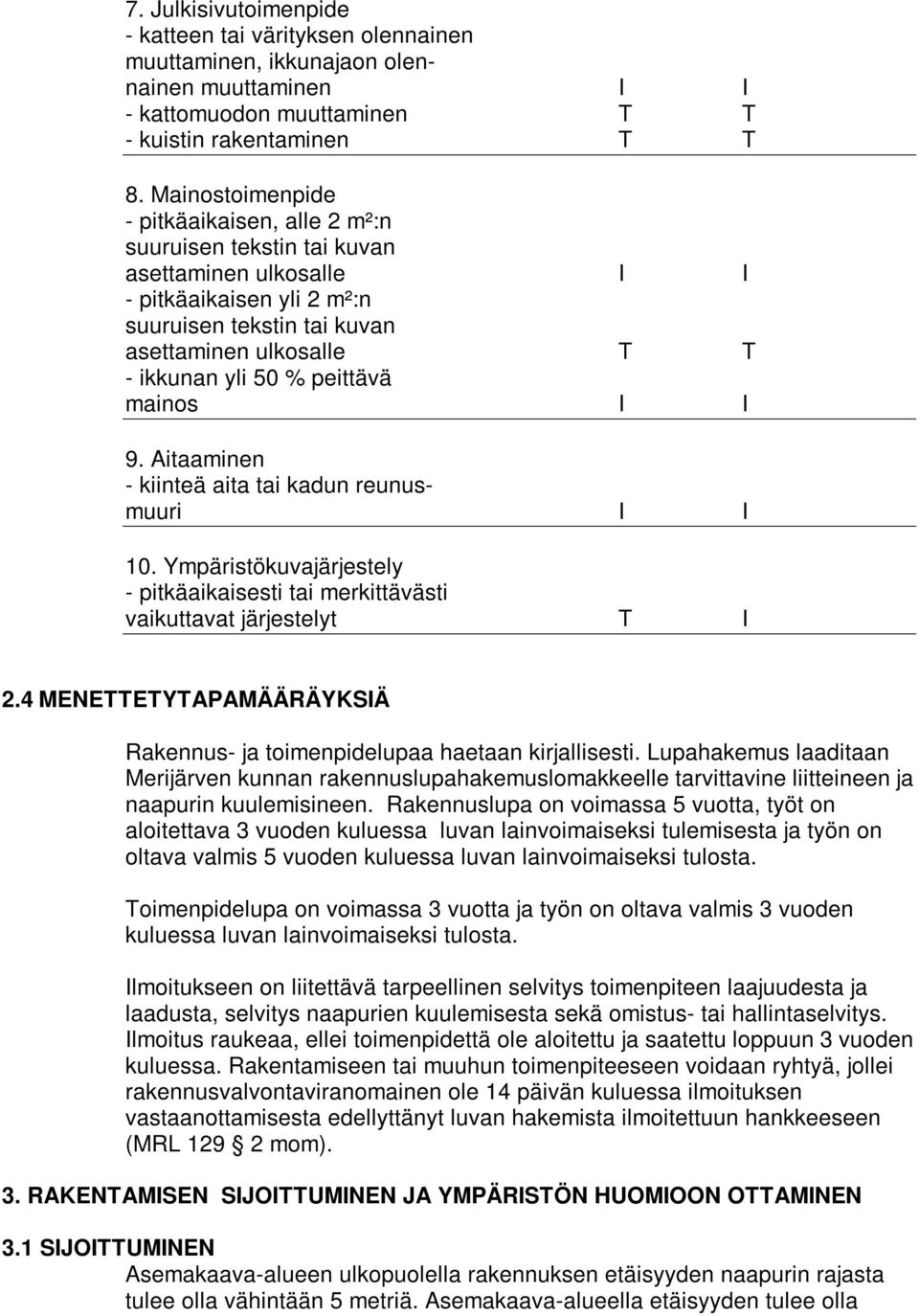peittävä mainos I I 9. Aitaaminen - kiinteä aita tai kadun reunusmuuri I I 10. Ympäristökuvajärjestely - pitkäaikaisesti tai merkittävästi vaikuttavat järjestelyt T I 2.