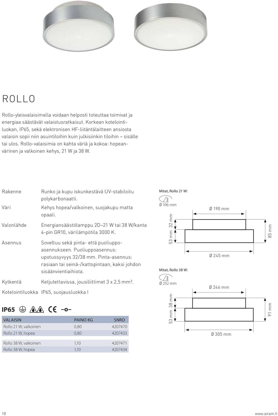 Rollo-valaisimia on kahta väriä ja kokoa: hopeanvärinen ja valkoinen kehys, 21 W ja 38 W. Rakenne Väri Valonlähde Asennus Runko ja kupu iskunkestävä UV-stabiloitu polykarbonaatti.