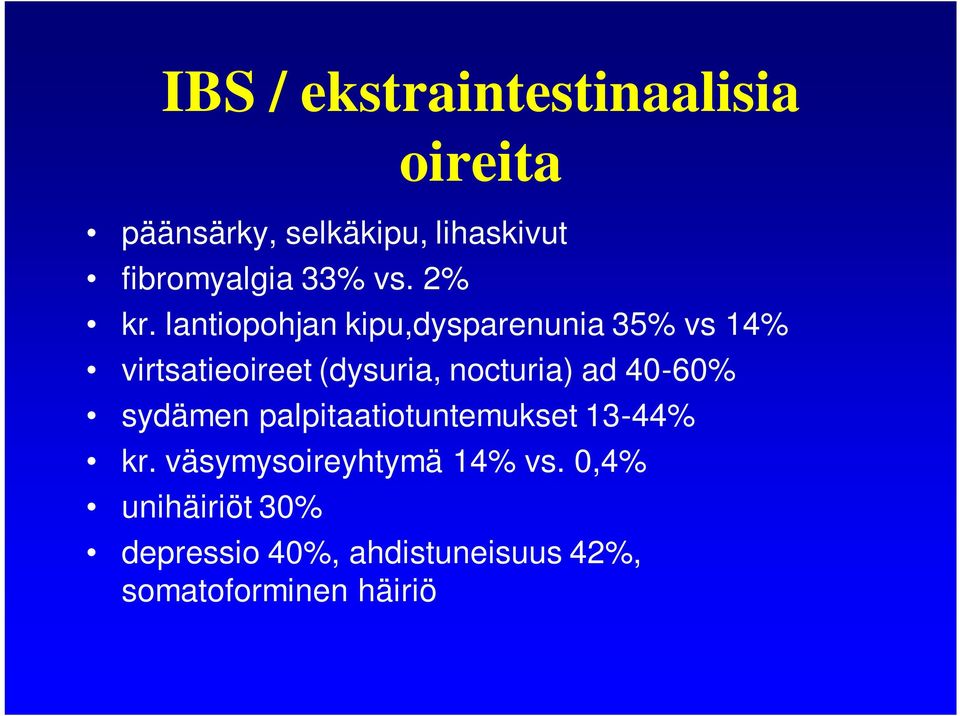 lantiopohjan kipu,dysparenunia 35% vs 14% virtsatieoireet (dysuria, nocturia) ad