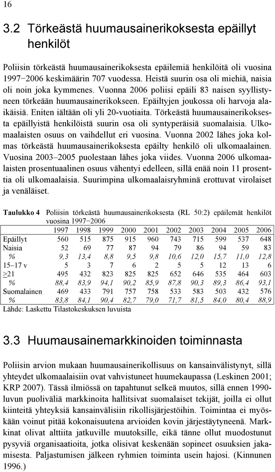 Eniten iältään oli yli 20-vuotiaita. Törkeästä huumausainerikoksesta epäillyistä henkilöistä suurin osa oli syntyperäisiä suomalaisia. Ulkomaalaisten osuus on vaihdellut eri vuosina.