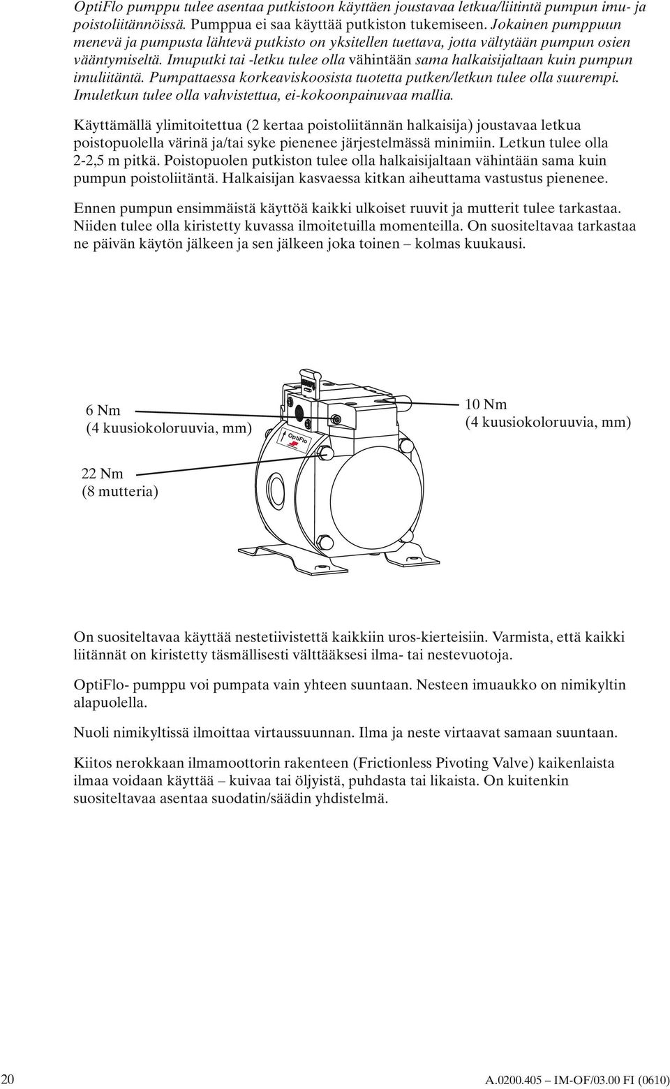 Imuputki tai -letku tulee olla vähintään sama halkaisijaltaan kuin pumpun imuliitäntä. Pumpattaessa korkeaviskoosista tuotetta putken/letkun tulee olla suurempi.