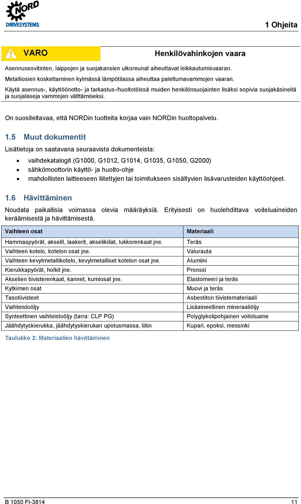 docx @ 65595 @ 1 @ 1 1 Ohjeita VARO Henkilövahinkojen vaara Asennussovitinten, laippojen ja suojakansien ulkoreunat aiheuttavat leikkautumisvaaran.