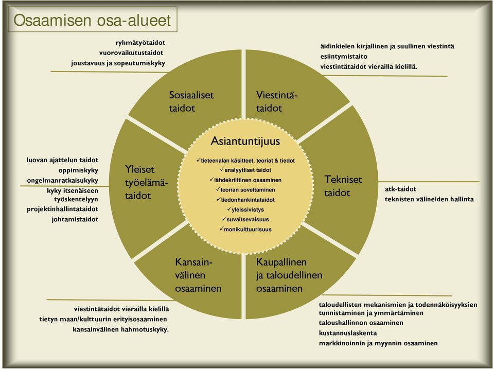 käsitteet, teoriat & tiedot analyyttiset taidot lähdekriittinen osaaminen teorian soveltaminen tiedonhankintataidot yleissivistys Tekniset taidot atk-taidot teknisten välineiden hallinta