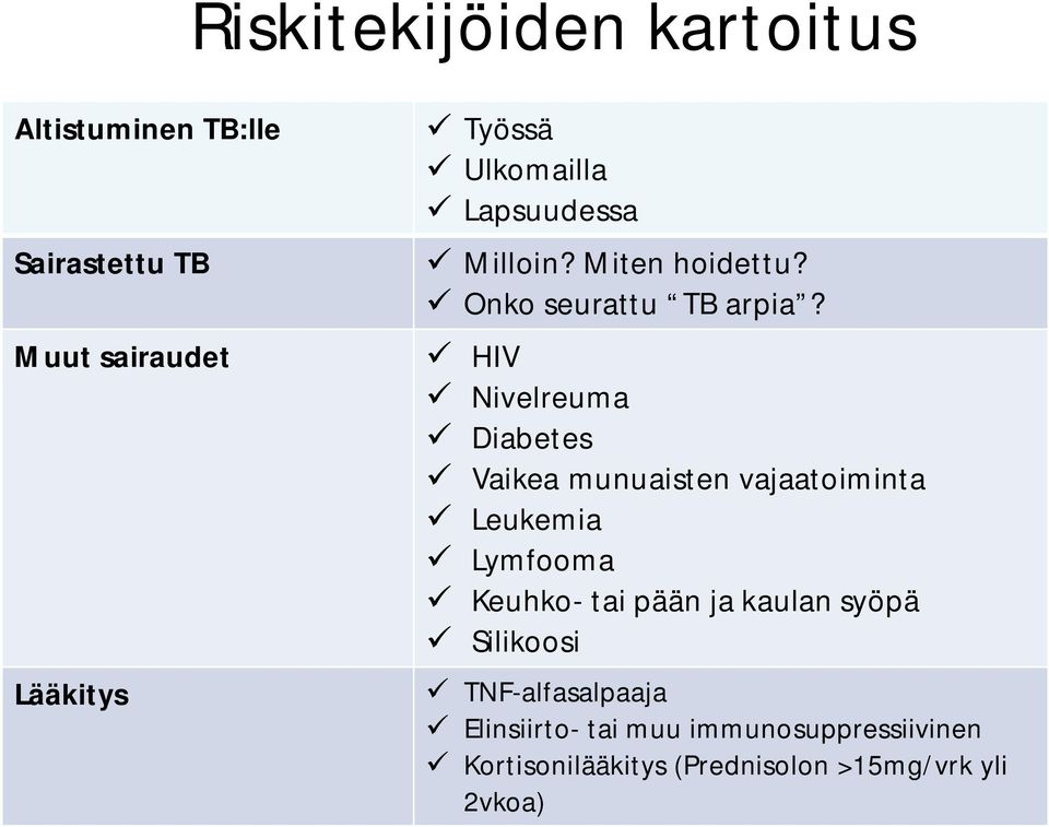 ü HIV ü Nivelreuma ü Diabetes ü Vaikea munuaisten vajaatoiminta ü Leukemia ü Lymfooma ü Keuhko- tai pään