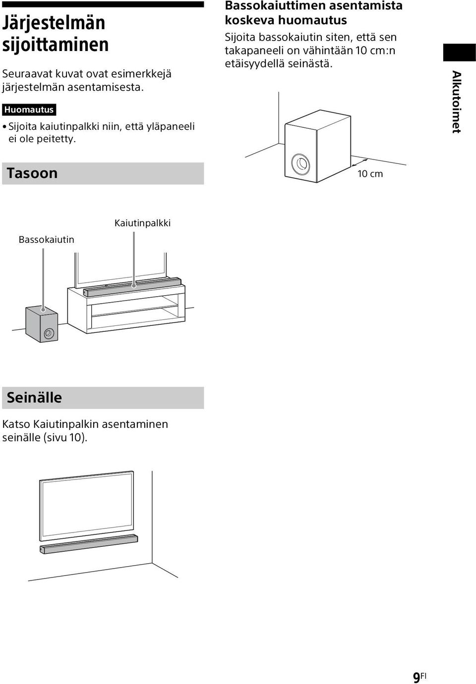 Bassokaiuttimen asentamista koskeva huomautus Sijoita bassokaiutin siten, että sen takapaneeli on
