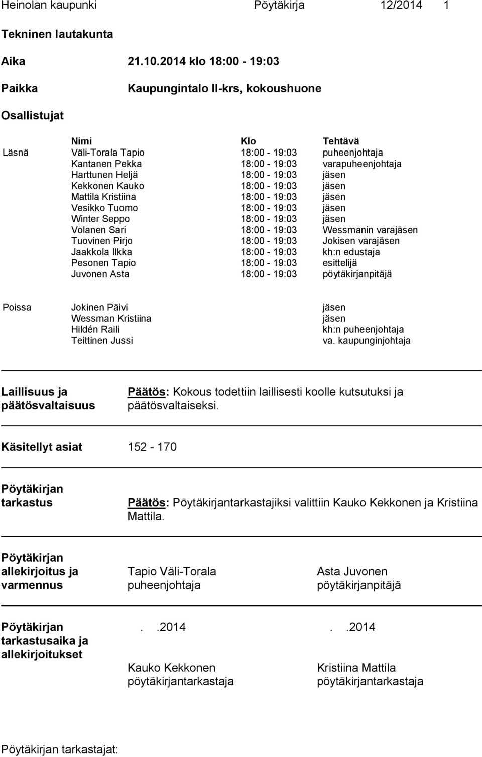 Heljä 18:00-19:03 jäsen Kekkonen Kauko 18:00-19:03 jäsen Mattila Kristiina 18:00-19:03 jäsen Vesikko Tuomo 18:00-19:03 jäsen Winter Seppo 18:00-19:03 jäsen Volanen Sari 18:00-19:03 Wessmanin